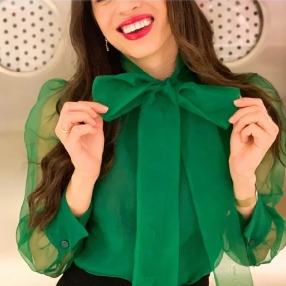 Zara Vibrant Green Sheer Bow Blouse, Size XL - Picture 3 of 11